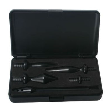 Four uniquely shaped enema tips within a sleek case, included in the Master Series Deluge Deluxe Black Enema Set for tailored cleansing.